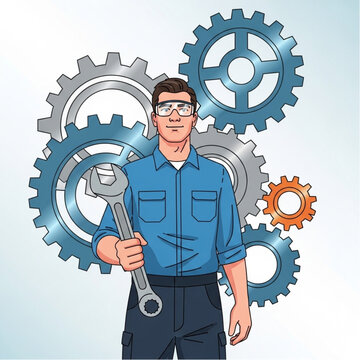 Mechanic with wrench surrounded by gears.