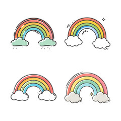 Fototapeta premium Collection of four cute hand-drawn rainbow icons with fluffy clouds and sparkles
