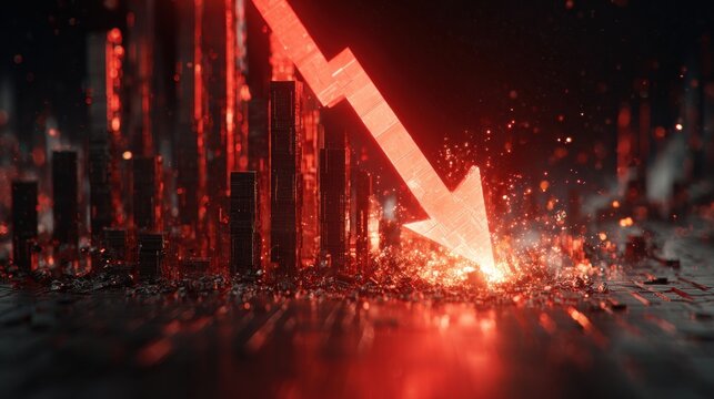 Economic Downfall: A striking visual of a red arrow plunging downwards, symbolizing a financial downturn, juxtaposed with abstract bar graphs, signifying economic decline and market volatility.