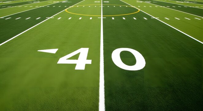 Close-up view of a football field with yard markers and goal line