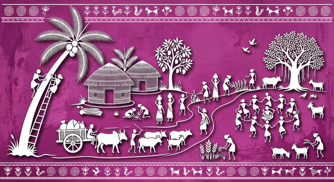Traditional Indian Warli Folk Art Illustration Depicting Rural Village Life and Dance on Purple Background