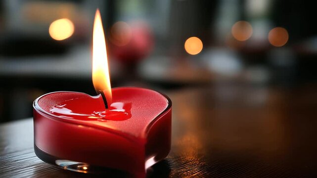 Lit red candle melting into heart-shaped wax base, romance and lasting passion concept, candle forming heart shape, romantic ambiance creation, love flame metaphor, defocused