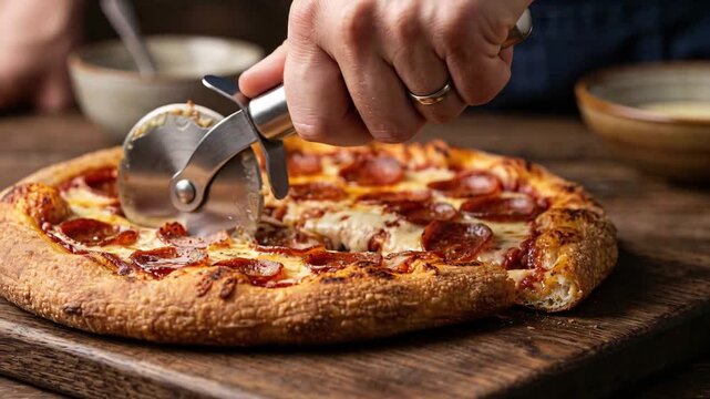 Person's hand slicing a delicious pepperoni pizza on a wooden cutting board with cheese pull for an appetizing meal concept and culinary experience