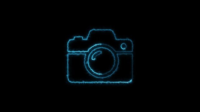 Neon Blue Glowing Camera Icon Animation on Black Background for Photography and Digital Media Content