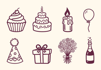 Set of birthday celebration line art icons featuring cake cupcake gift balloon and party hat in hand drawn style