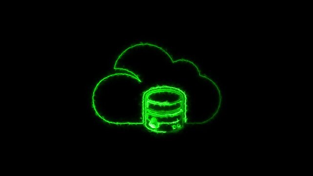 Green Neon Glowing Cloud Storage and Database Icon Animation on Black Background Loop