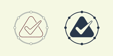 Minimal outline icon showing check mark in triangle with circular arrows process, symbolizing quality assurance, validation workflow, risk management and control systems.