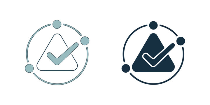 Minimal outline icon showing check mark in triangle with circular arrows process, symbolizing quality assurance, validation workflow, risk management and control systems.