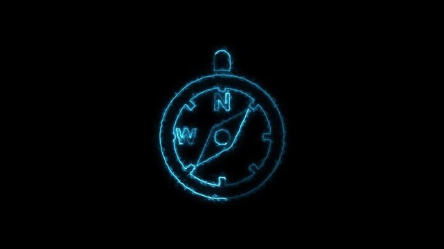 Blue Neon Electric Glowing Compass Icon Animation Motion Graphics Video for Travel and Direction Concepts