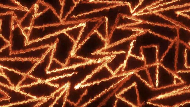 Glowing orange neon geometric sharp edge lines moving in abstract patterns on a black background