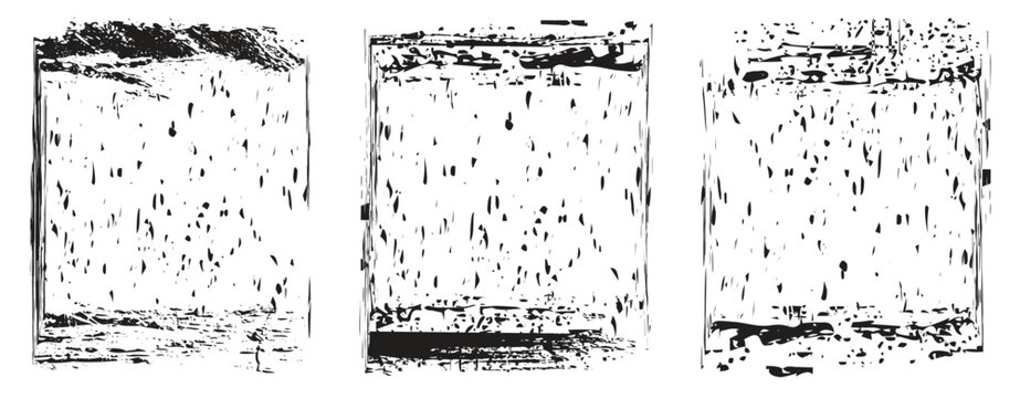 Set of rectangular grunge template backgrounds. Black square shapes with ripped jagged borders on white background. Vintage grunge boxes for collage, text,Straight line vector, banner, sticker design.