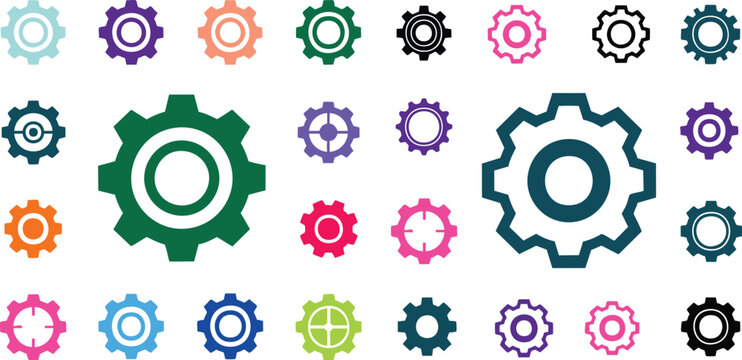 Colorful gear icons set for industrial and technology concepts with various mechanical symbols