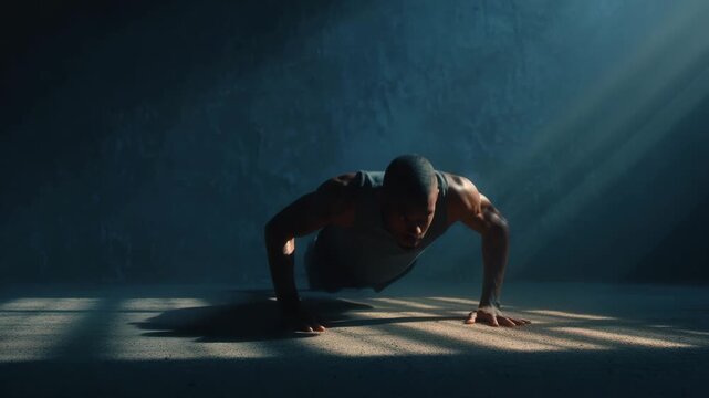 Athlete Performing Push Ups in Dramatic Light Rays Strength Training Workout