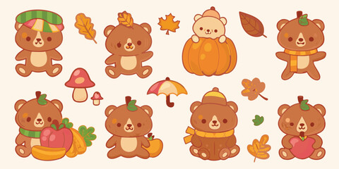 Cute cartoon bears and autumn elements create a whimsical fall scene