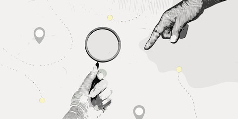 A hand points towards a face viewed through a handheld magnifying glass © Bibhas