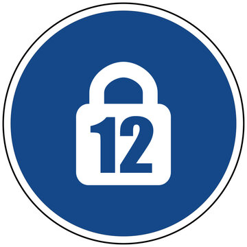 Vektor Illustration Jugendschutz und Kindersicherung blaues rundes Symbol Schloss mit Zahl 12 f&uuml;r Altersbeschr&auml;nkung und Zugangskontrolle
