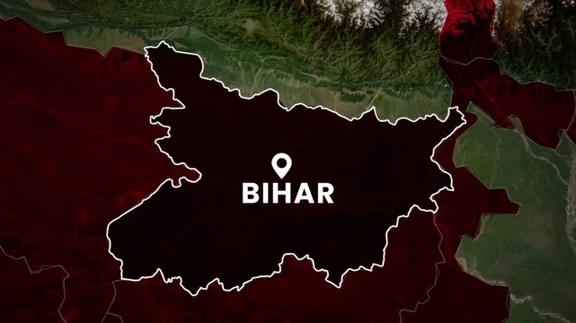 Bihar India state map animation with location pin marker, highlighted region outline, geographic infographic political map design