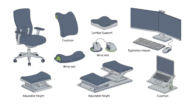Infographic illustration of ergonomic office chair and computer workstation components with labels on a white background.