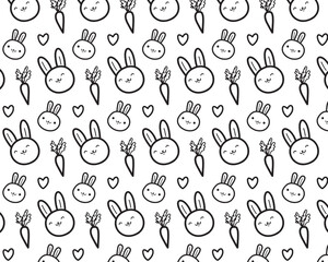 Cute doodle seamless pattern with easter eggs bunnies carrots flowers, hand drawn easter doodle vector illustration, Cute Easter bunny seamless pattern, Easter bunny Wrapper design