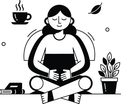 Woman meditates peacefully with book and coffee nearby in a serene indoor setting wqe 764