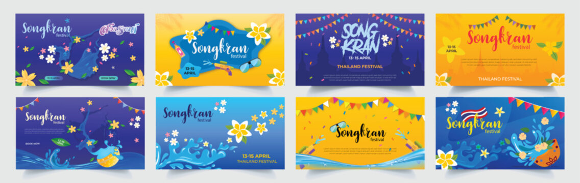 songkran thailand new year water splash festival banner vector illustration with lettering and design elements