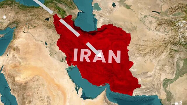 World map route animation with flight path line from United States to Iran, global travel connection path infographic design