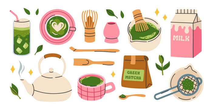 Cartoon set of matcha green tea. Fresh drink, ceramic cup, teapot, brewing pot. Hand drawn vector illustration collection isolated on background