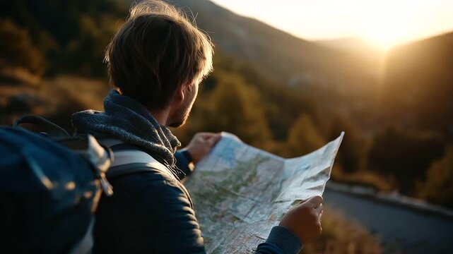 Faceless person examining map while wearing backpack, navigation planning scene, travel adventure photography, outdoor exploration preparation, wilderness orientation, with copy
