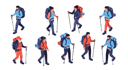 Hikers with Backpacks Walking Illustration.
