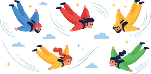 Skydiving people collection with wingsuit flyers falling through sky extreme sport adventure vector illustration set © Ahmed Sahid