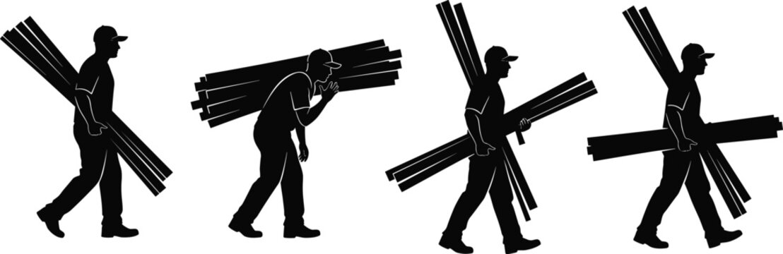 Professional construction worker silhouette carrying wooden planks timber lumber on shoul