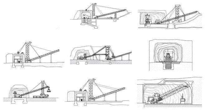 Coal Mine Blueprint Vector &ndash; Underground Mining Facility Multi View Technical Line Drawing Isolated on White
