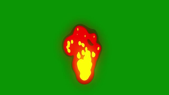 2D cartoon fire flame animation, glowing orange and yellow energy effect on green background, Loopable Flame, Seamless looping fire with light smoke motion graphics for video overlay. 4k video