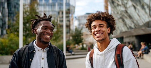 Naklejka premium Two young men smiling in a city plaza.