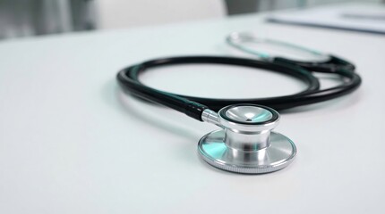 Black stethoscope on white desk with turquoise reflection minimalist clinical concept