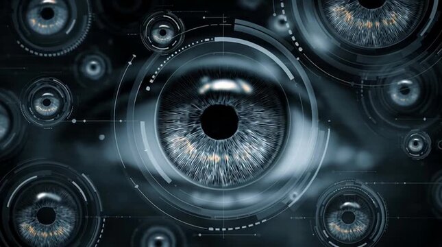 Cyber surveillance concept with multiple digital eyes icons scanning network connections over dark tech interface

