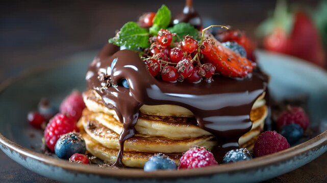 Closeup pancakes chocolate berries dessert sweet breakfast stack food