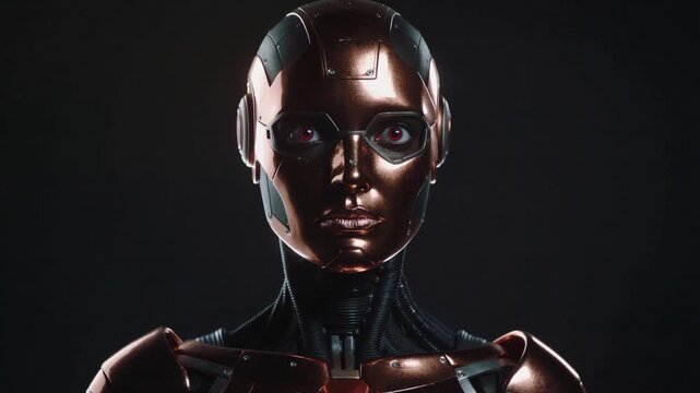 Robot, android and artificial intelligence with metallic face and mechanical hand on dark background for technology and futuristic concept in science and innovation industry.