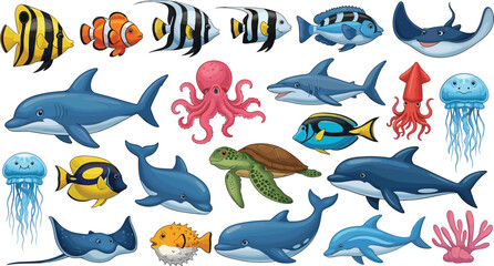 Marine animals collection fish shark dolphin whale octopus jellyfish turtle stingray cartoon ocean wildlife flat vector illustration set © EdGe Creative