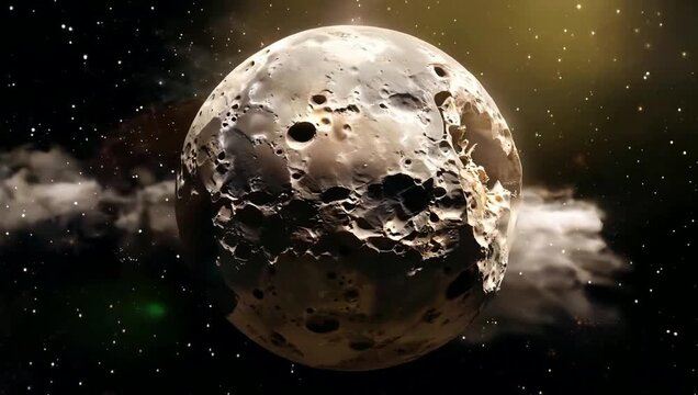 Severely Cratered and Broken Moon Planet in Deep Space with Stars and Nebulae
