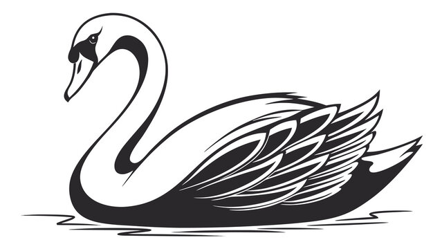 Vector illustration of elegant swan swimming on water black and white silhouette stencil graphic