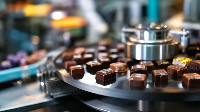 Chocolates spinning in candy machine at sweets factory, confectionery production equipment, chocolate manufacturing process, candy making operation, sweet production scene,