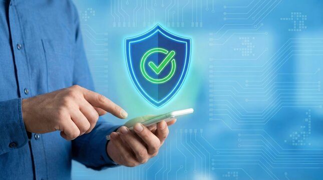 Professional man using smartphone for secure digital mobile payment checkout and token based transaction with encrypted billfold identity verification concept