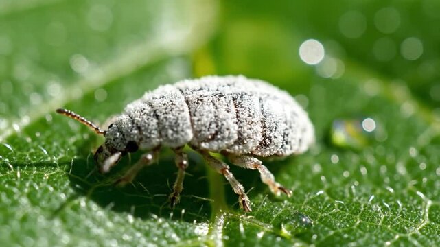 Macro Shot Of Bright Springtail On Leaf Surface. Detailed Image Of Springtail Exploring Dewcovered Plant Surface. Highresolution Photography Capturing Tiny Insect Navigating Morning Garden Environment