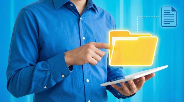 Man downloading digital document file into online virtual folder on tablet. Cloud data storage sharing system for business communication. Smart technology application for internet network management.