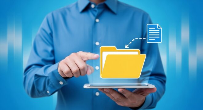 Businessman hand holding digital tablet with virtual yellow folder and document transfer icon, online data storage management technology concept and cloud file sharing interface.
