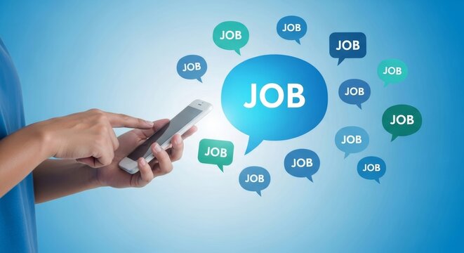 Job seeker tapping smartphone for digital employment portal access. Online career network displaying virtual job opportunity listing. Smart recruitment technology for staffing communication.