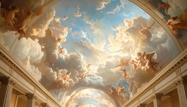 Baroque fresco depicting cherubs and swirling clouds in a celestial sky, an ornate architectural ceiling artwork