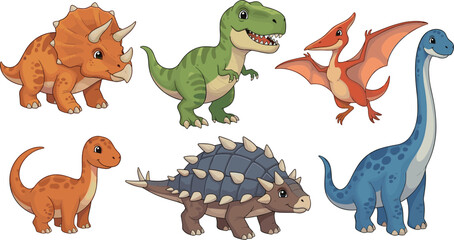 Cute dinosaur characters collection triceratops tyrannosaurus pterodactyl ankylosaurus brachiosaurus cartoon prehistoric animals flat vector illustration set © EdGe Creative
