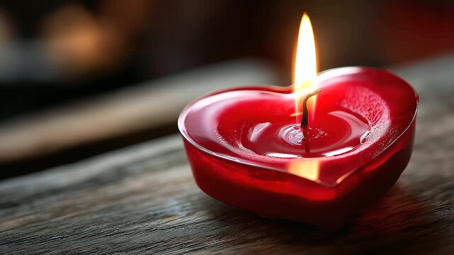 Lit red candle melting into heart-shaped wax base, romance and lasting passion concept, candle forming heart shape, romantic ambiance creation, love flame metaphor, defocused
